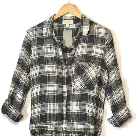 Anthropologie Cloth & Stone Plaid Romper Relaxed Fit Soft Casual Gray White S - Picture 2 of 14